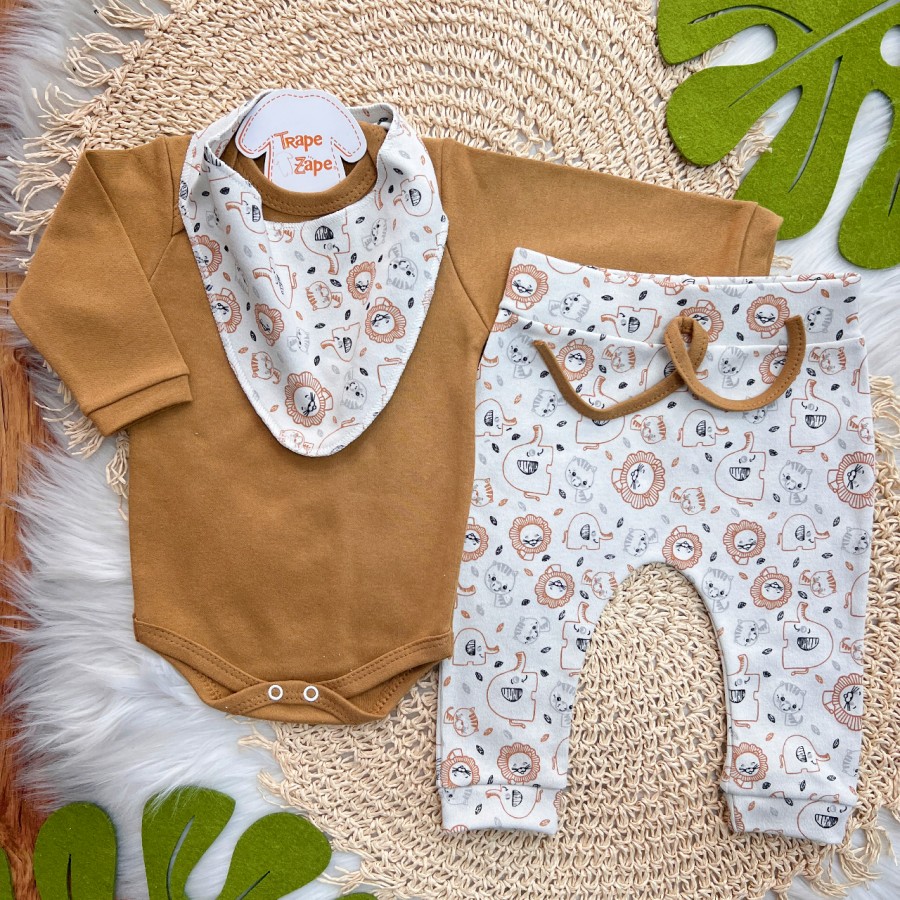 Conj. Body Manga Longa, Calça e Babador Bandana Bichinhos - Caramelo